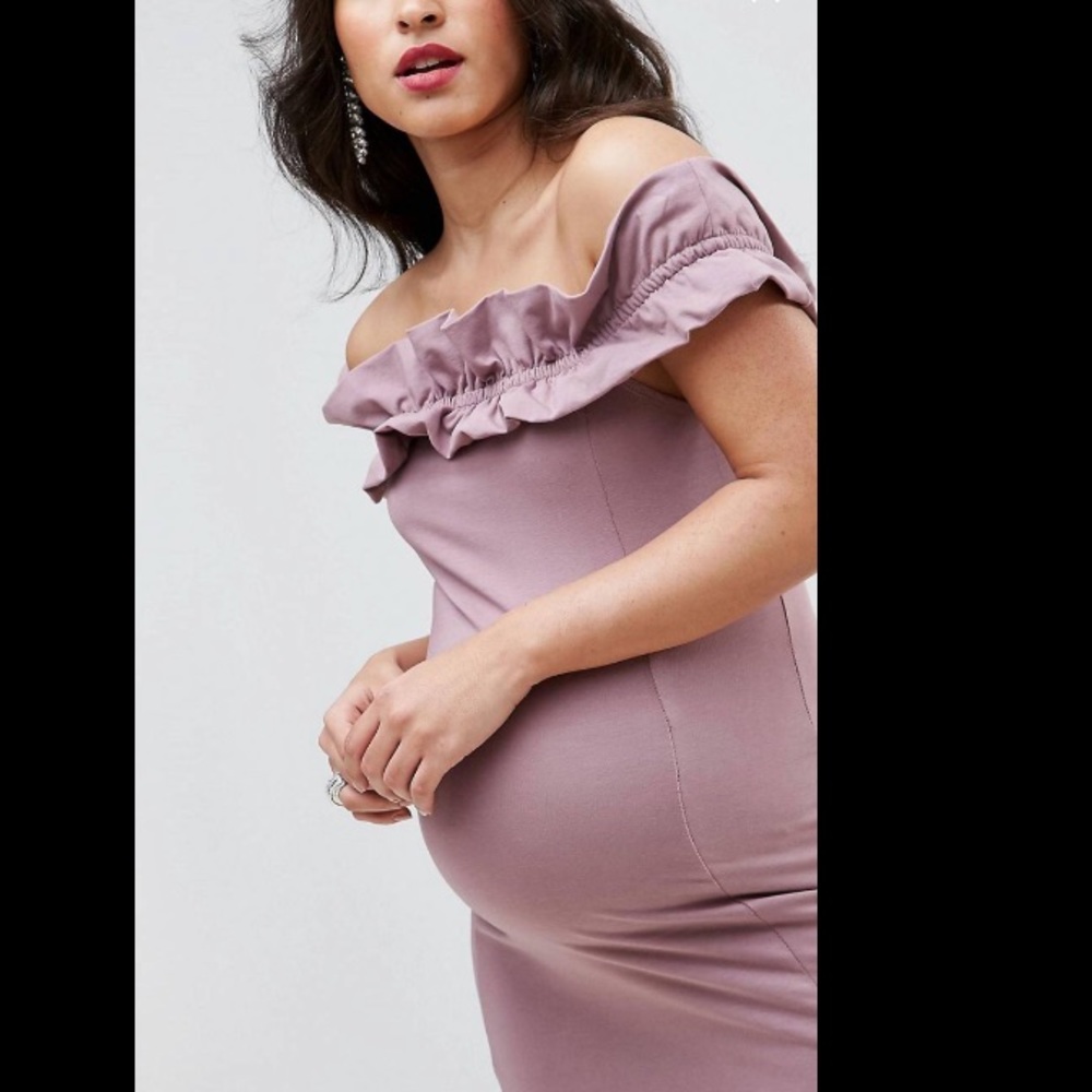 ASOS Maternity Ruched Ruffle Bardot Dress - Picture 2 of 4